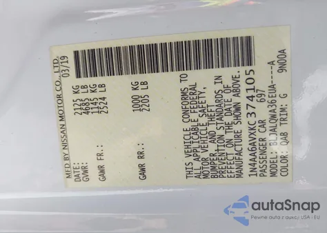 2019 Nissan Maxima 3.5 S z USA, uszkodzony, nr VIN 1N4AA6AVXKC374105